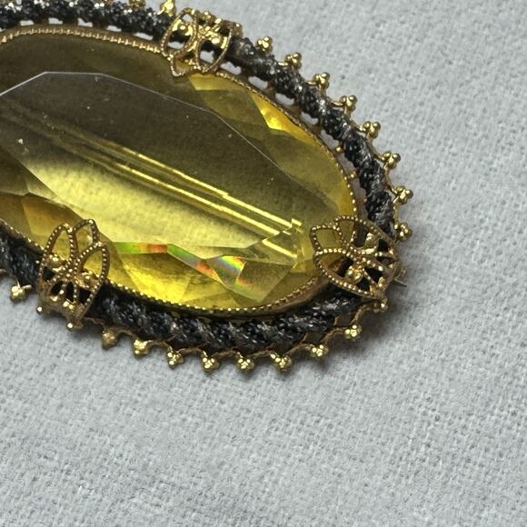 Antique C Clasp Czech? Gold Filled Brooch With Large Yellow Color Faceted Glass - Picture 2 of 7